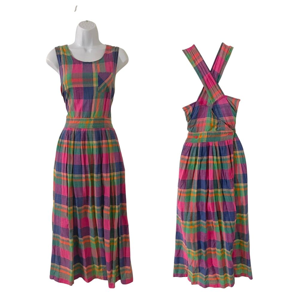 Vintage Sz S Rainbow Plaid Dress Festival Midi Cottage Teacher Hippie Patchwork